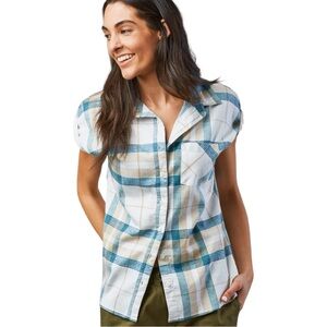 United By Blue Landmark Plaid Button Down Short Sleeve Top Shirt Tan Green Small